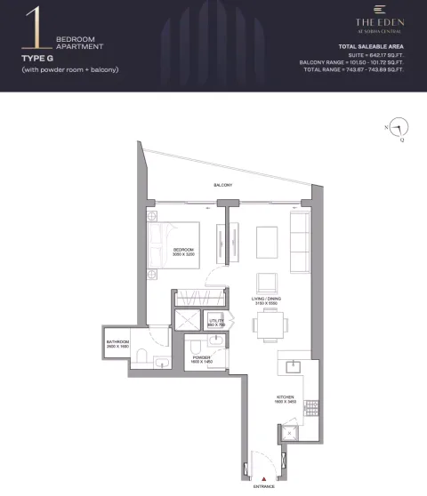 Floor plan, 1 Bed, 743 sq ft