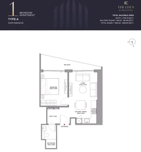 Floor plan, 1 Bed, 568 sq ft