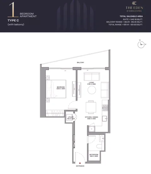 Floor plan, 1 Bed, 631 sq ft