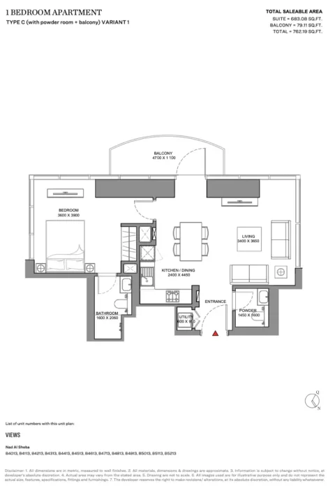 Floor plan, 1 Bed, 762 sq ft
