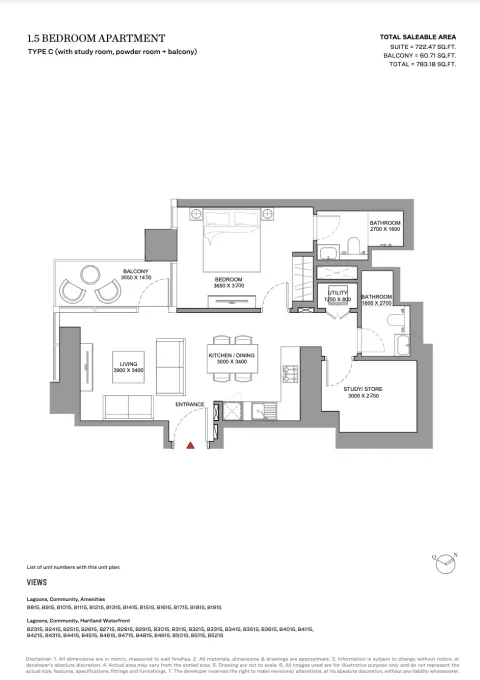Floor plan, 2 Beds, 783 sq ft