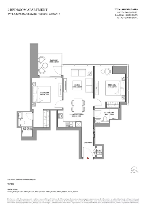 Floor plan, 2 Beds, 936 sq ft