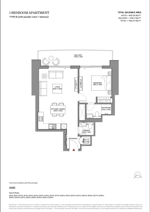 Floor plan, 1 Bed, 780 sq ft