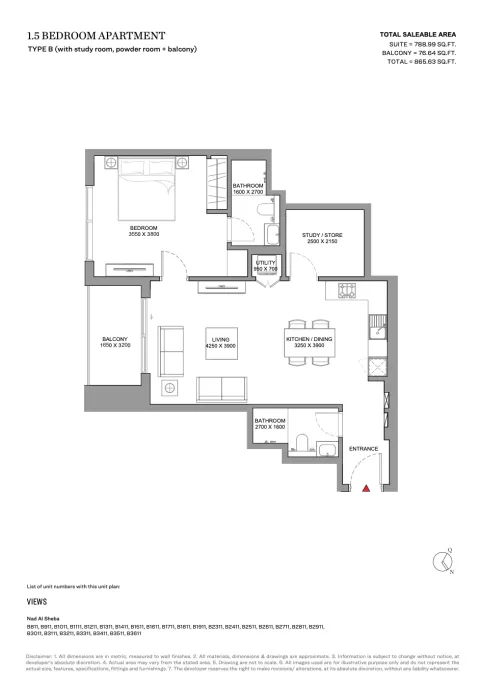 Floor plan, 2 Beds, 865 sq ft