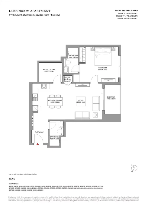 Floor plan, 2 Beds, 874 sq ft