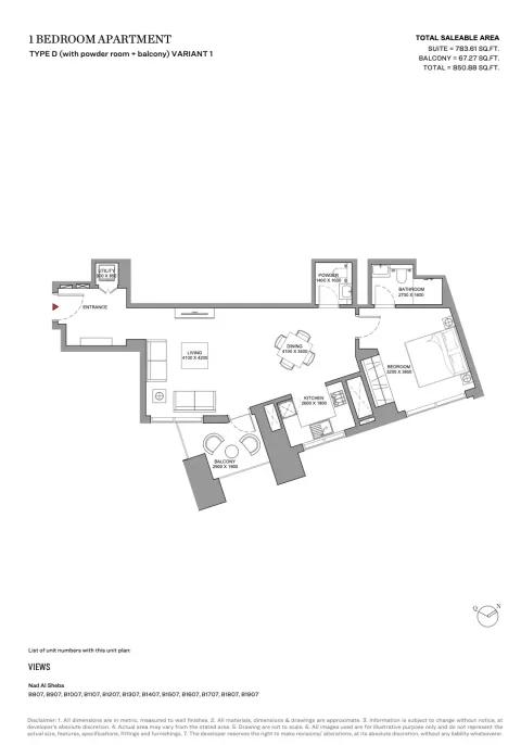 Floor plan, 1 Bed, 850 sq ft