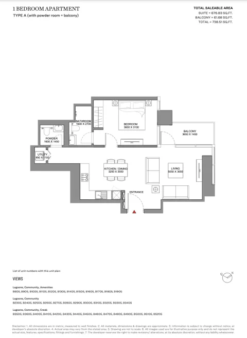 Floor plan, 1 Bed, 738 sq ft