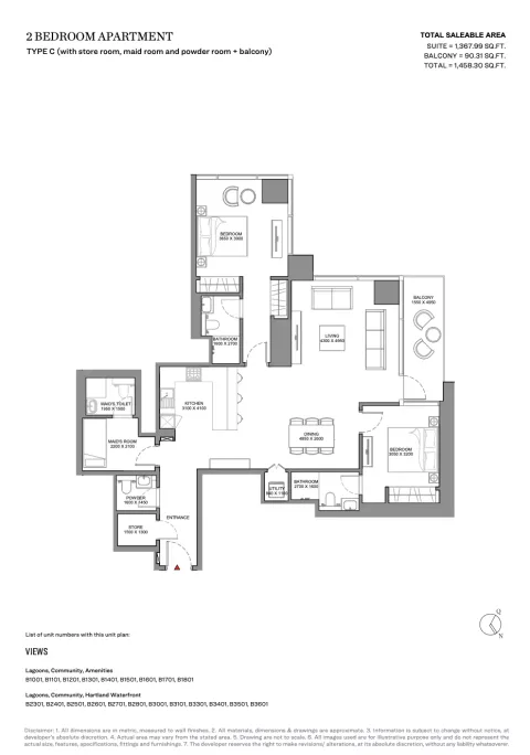 Floor plan, 2 Beds, 1,458 sq ft