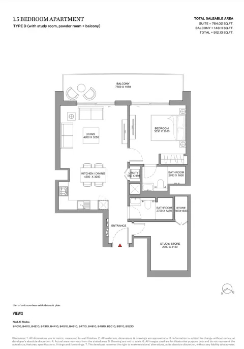 Floor plan, 2 Beds, 912 sq ft