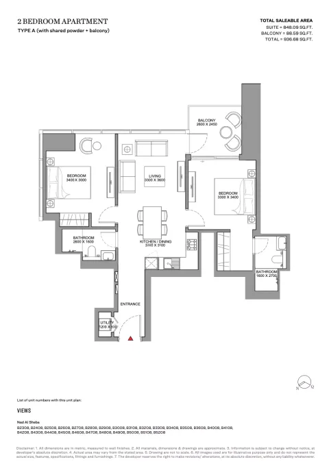Floor plan, 2 Beds, 936 sq ft