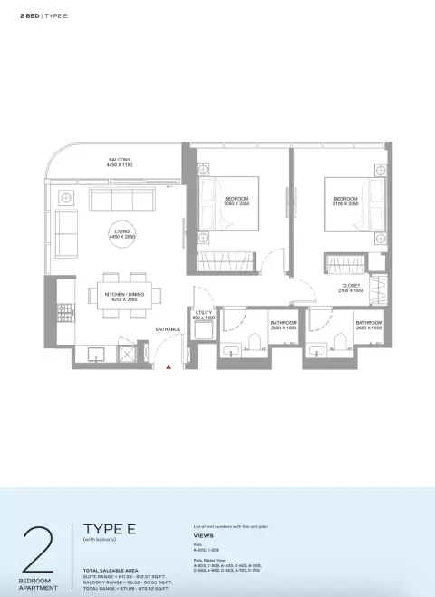 Floor plan, 2 Beds, 871 sq ft