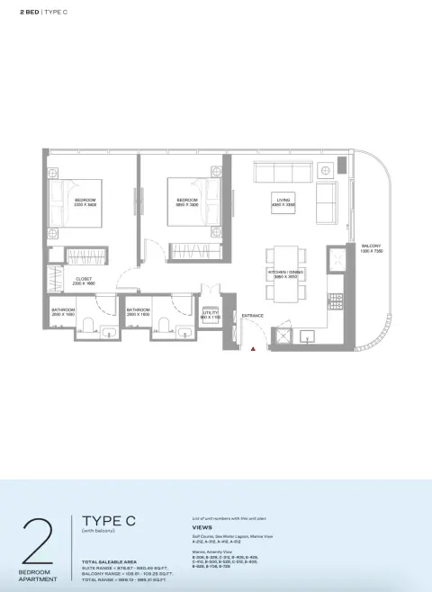 Floor plan, 2 Beds, 988 sq ft