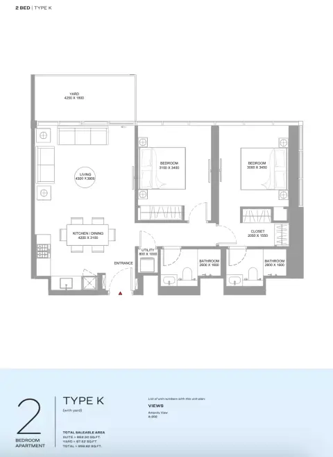 Floor plan, 2 Beds, 959 sq ft