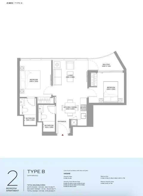 Floor plan, 2 Beds, 671 sq ft