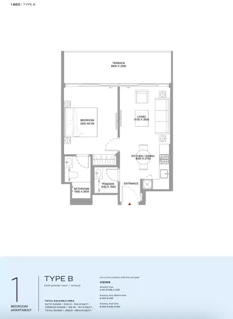 Floor plan, 1 Bed, 658 sq ft