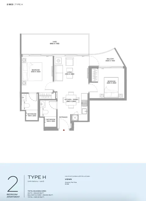 Floor plan, 2 Beds, 825 sq ft
