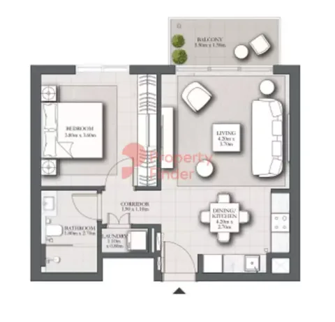 Floor plan, 1 Bed, 654 sq ft