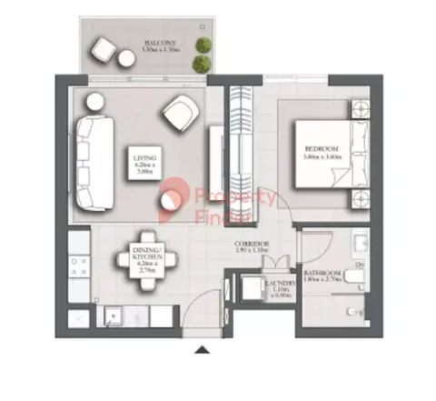 Floor plan, 1 Bed, 654 sq ft