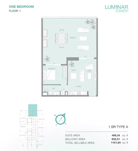 Floor plan, 1 Bed, 1,151 sq ft