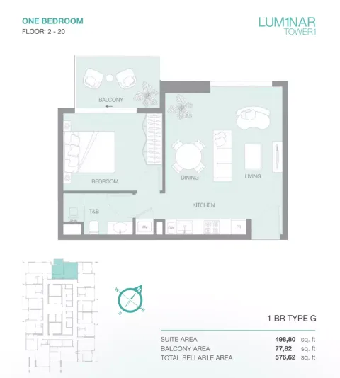 Floor plan, 1 Bed, 576 sq ft