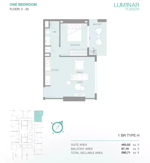 Floor plan, 1 Bed, 580 sq ft