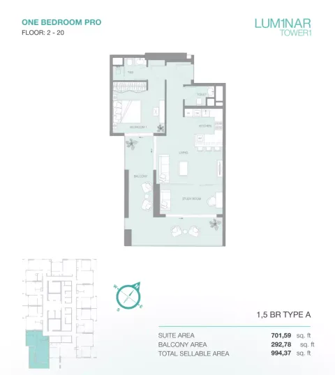 Floor plan, 2 Beds, 994 sq ft