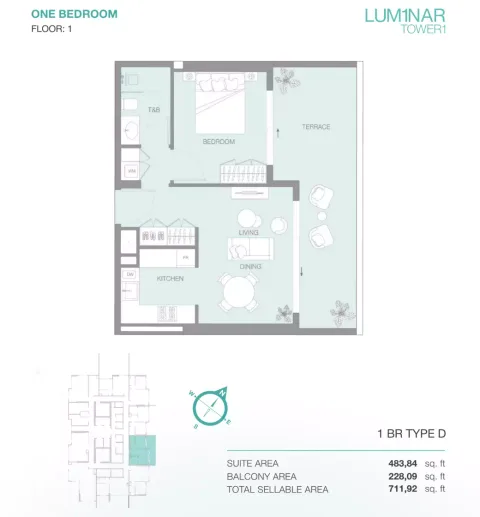 Floor plan, 1 Bed, 711 sq ft