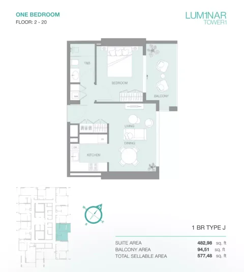 Floor plan, 1 Bed, 577 sq ft