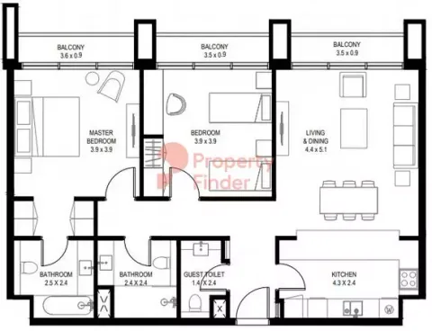 Floor plan, 2 Beds, 1,175 sq ft