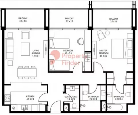 Floor plan, 2 Beds, 1,266 sq ft