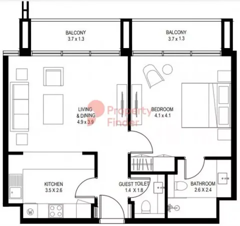 Floor plan, 1 Bed, 808 sq ft