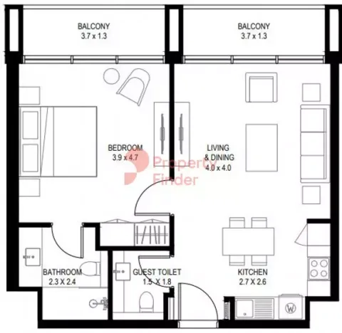 Floor plan, 1 Bed, 737 sq ft
