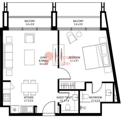 Floor plan, 1 Bed, 741 sq ft