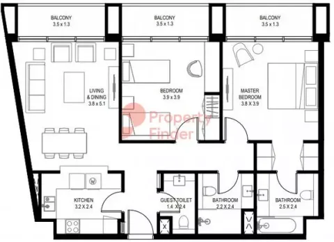 Floor plan, 2 Beds, 1,153 sq ft