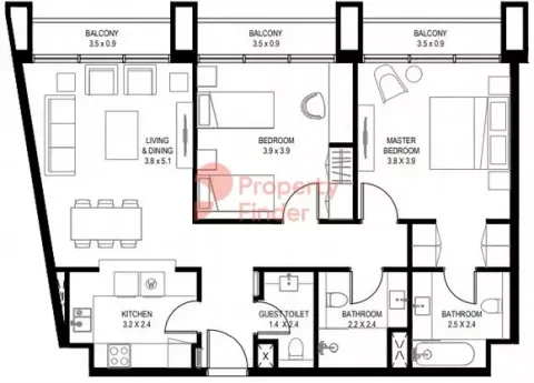 Floor plan, 2 Beds, 1,106 sq ft