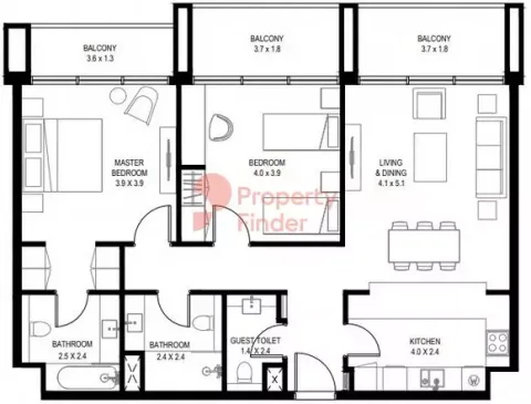 Floor plan, 2 Beds, 1,243 sq ft