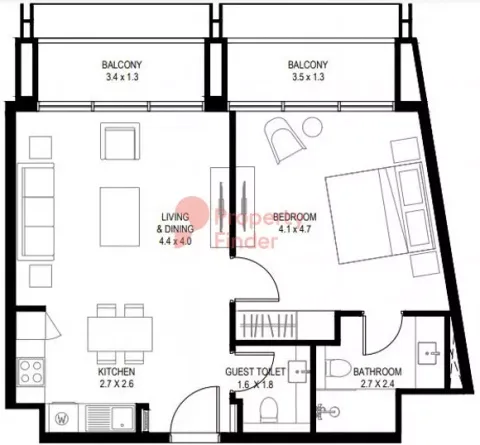 Floor plan, 1 Bed, 772 sq ft