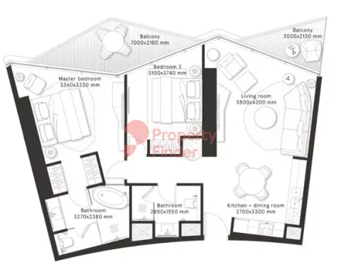 Floor plan, 2 Beds, 1,078 sq ft