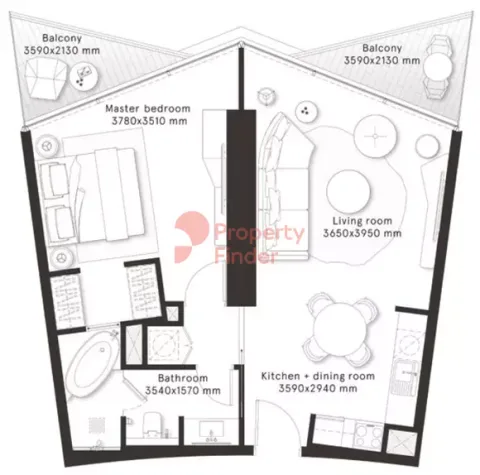Floor plan, 1 Bed, 769 sq ft