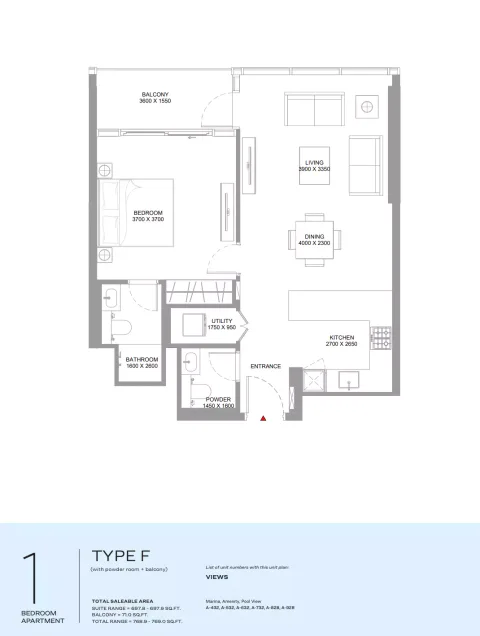 Floor plan, 1 Bed, 768 sq ft