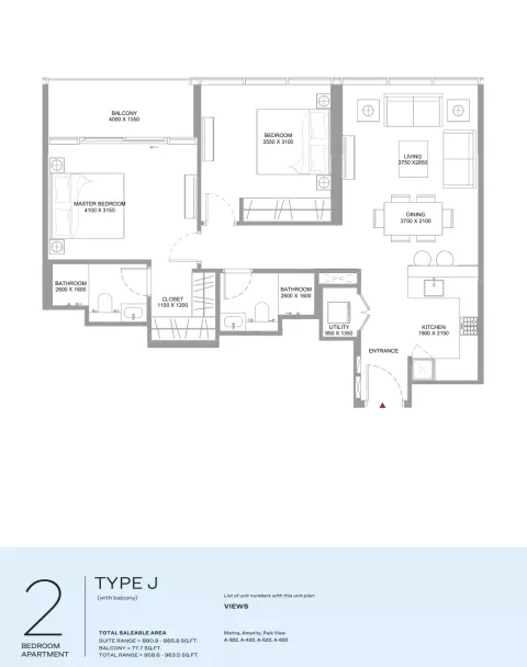 Floor plan, 2 Beds, 958 sq ft