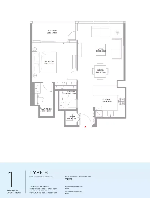 Floor plan, 1 Bed, 720 sq ft