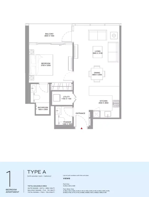 Floor plan, 1 Bed, 731 sq ft