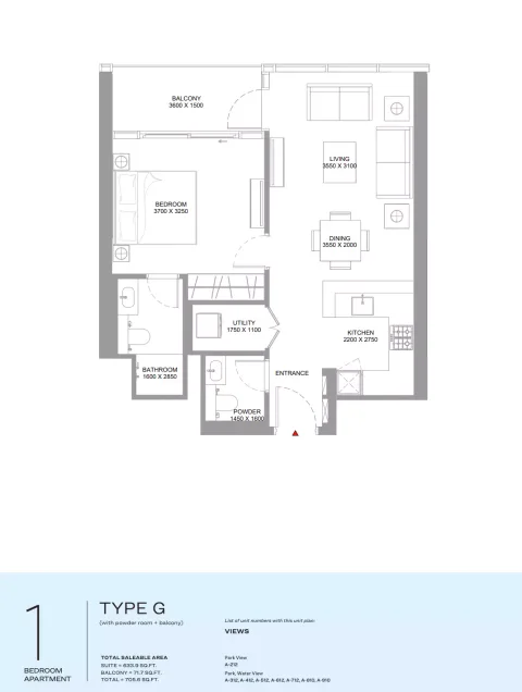 Floor plan, 1 Bed, 705 sq ft