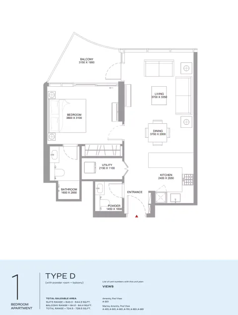 Floor plan, 1 Bed, 728 sq ft