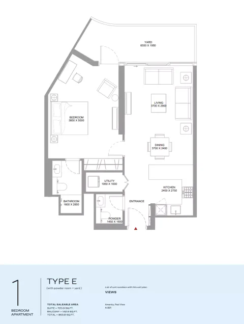 Floor plan, 1 Bed, 863 sq ft