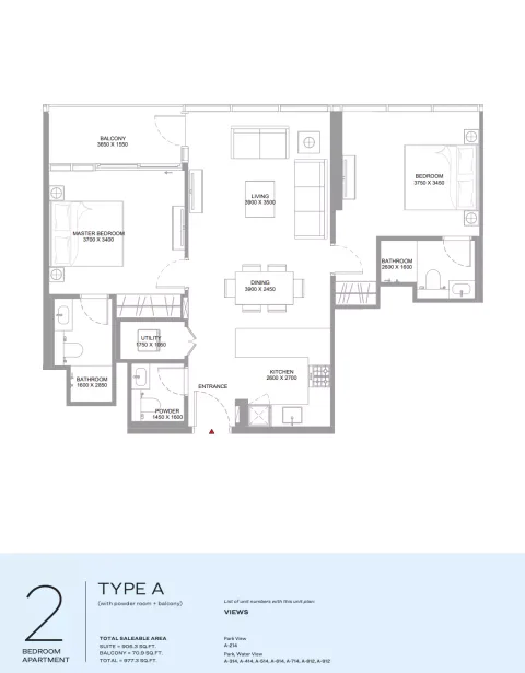 Floor plan, 2 Beds, 977 sq ft