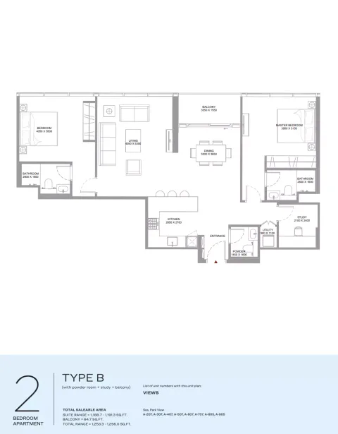 Floor plan, 2 Beds, 1,253 sq ft