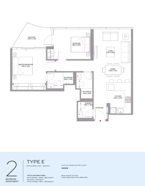 Floor plan, 2 Beds, 961 sq ft