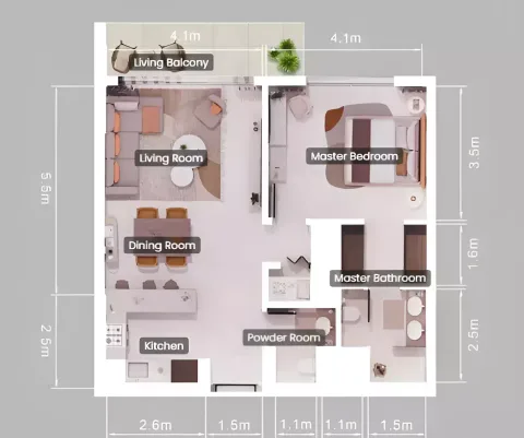 Floor plan, 1 Bed, 1,065 sq ft